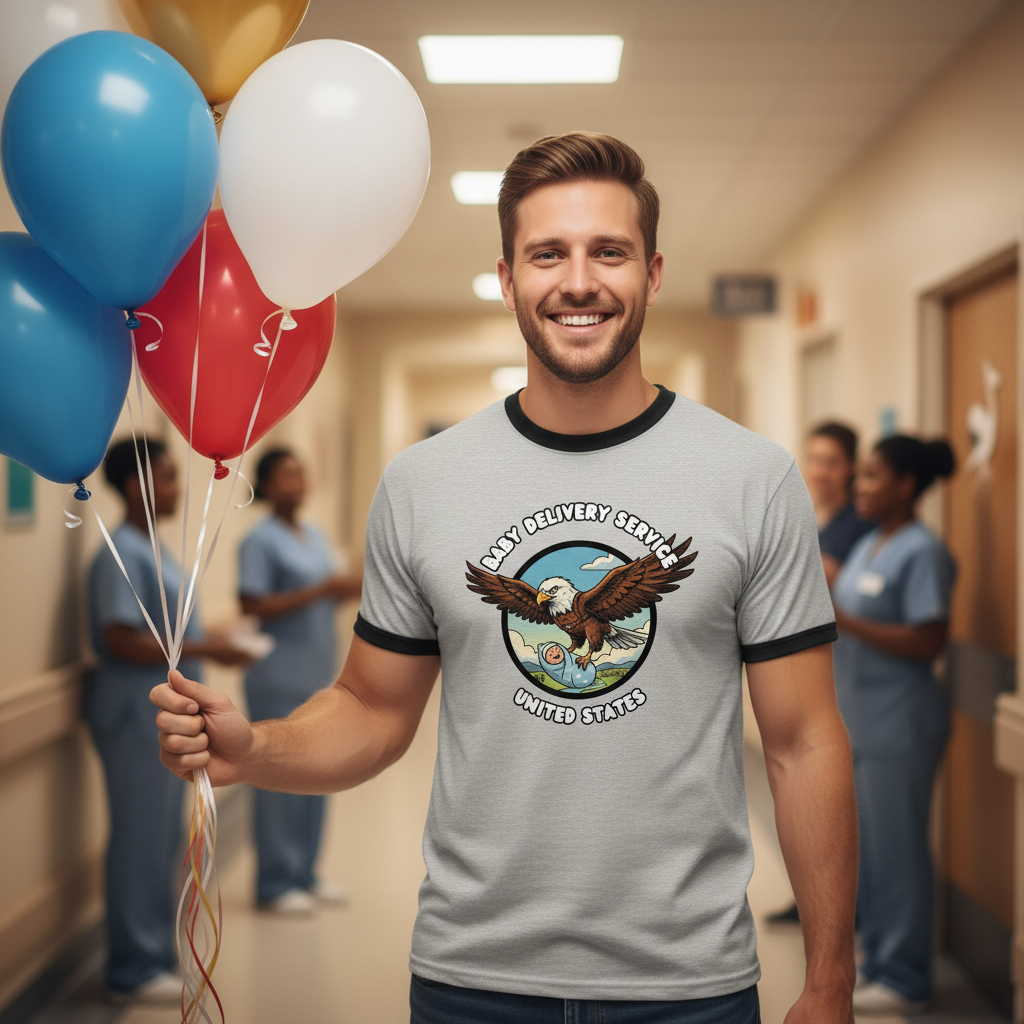 American dad visiting new mum in hospital with balloons, lifestyle shot